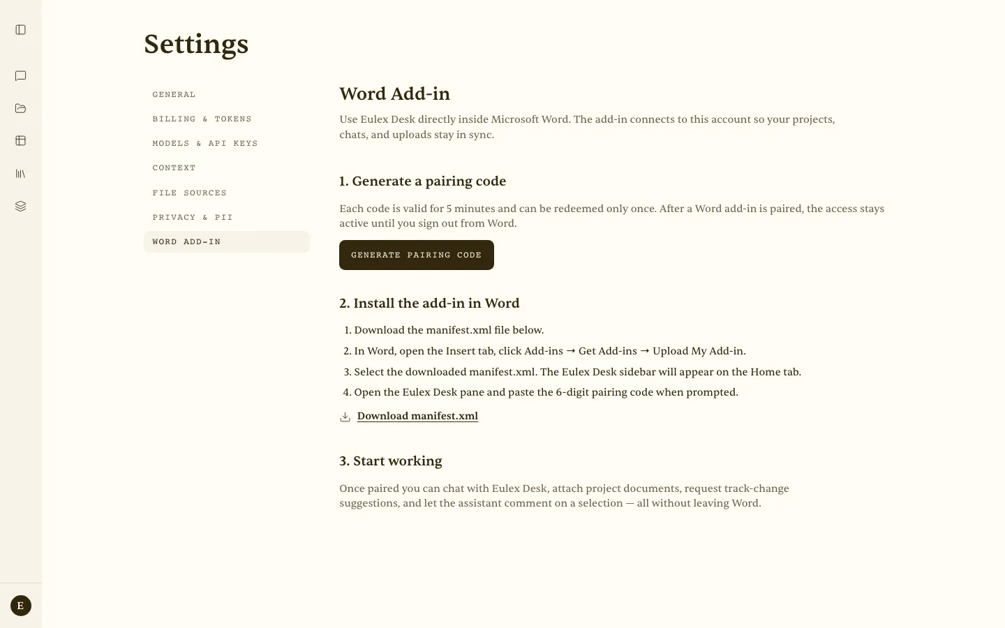 Account → Word add-in settings (pairing, manifest)