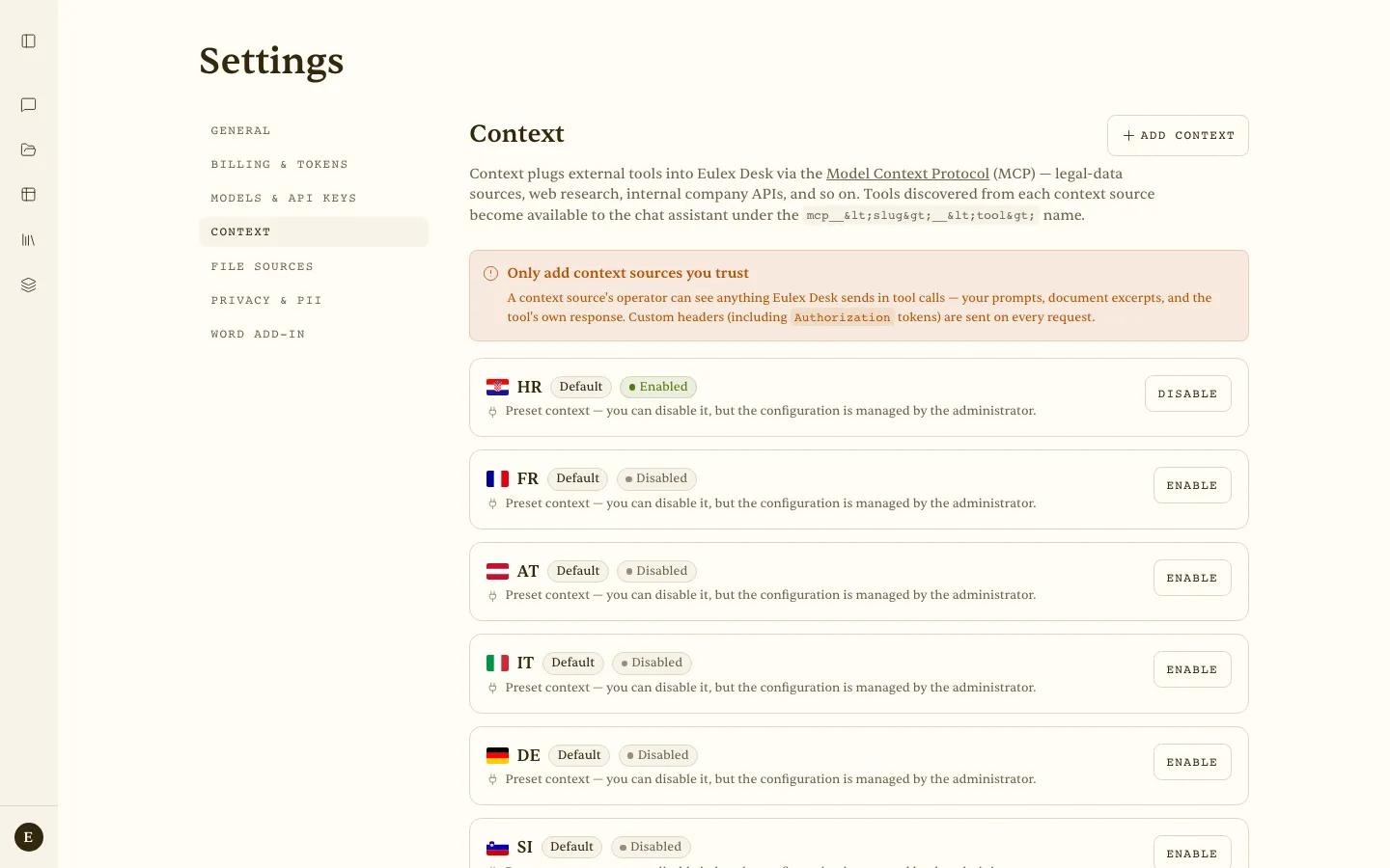 Account → Context settings with preset jurisdictions