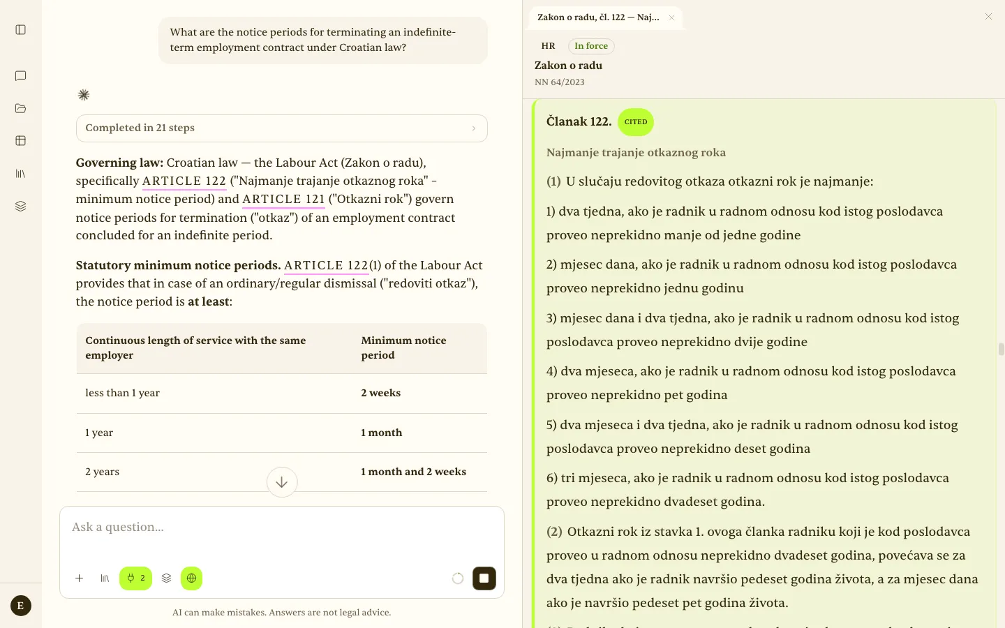 Citation panel showing Article 122 of the Labour Act