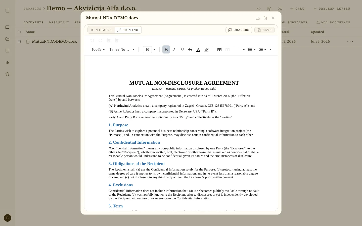 Document editor in Editing mode