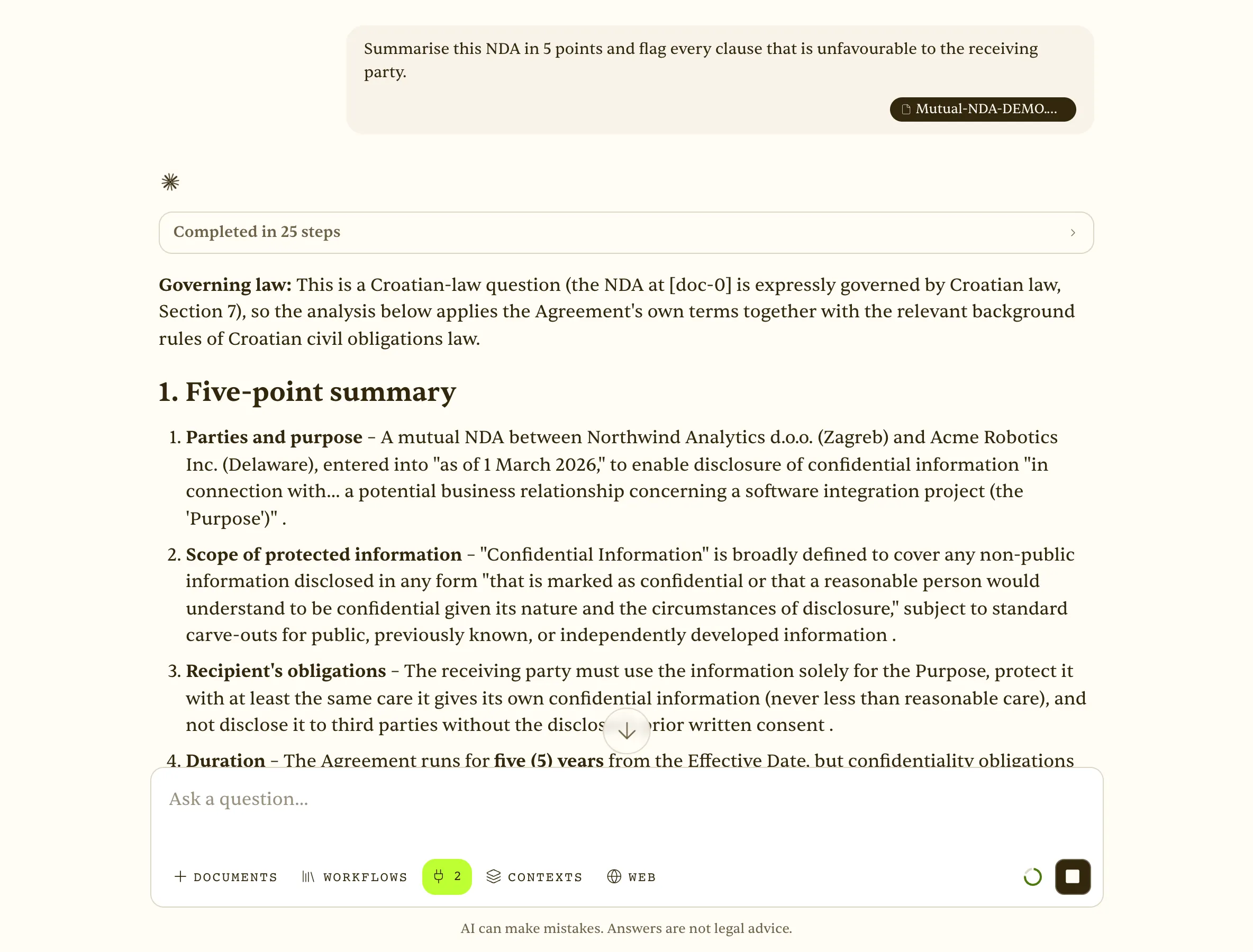 NDA attached and analysed — summary with unfavourable clauses flagged, each claim cited