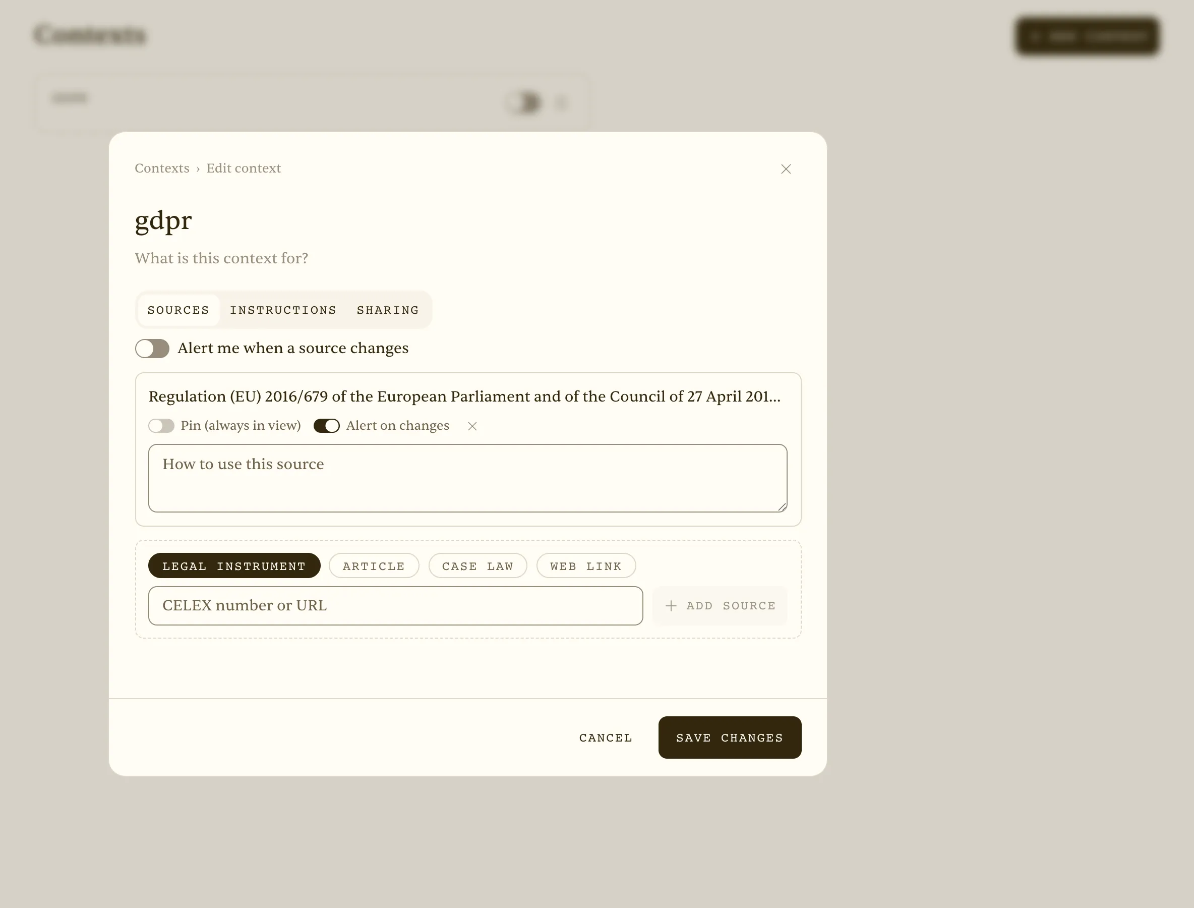 Editing a context — sources and instructions applied to every turn while active