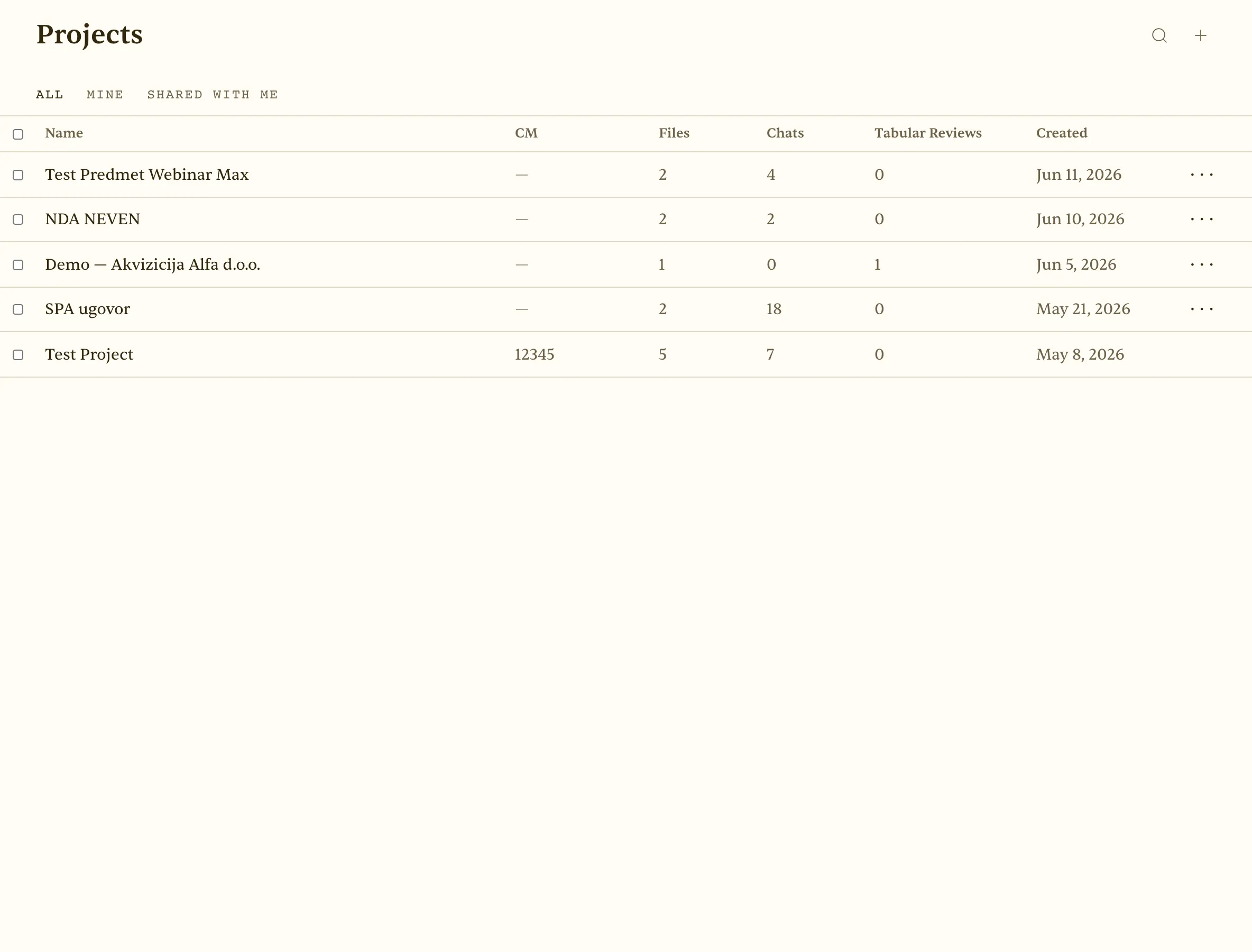 Projects list — matters with file, chat and review counts