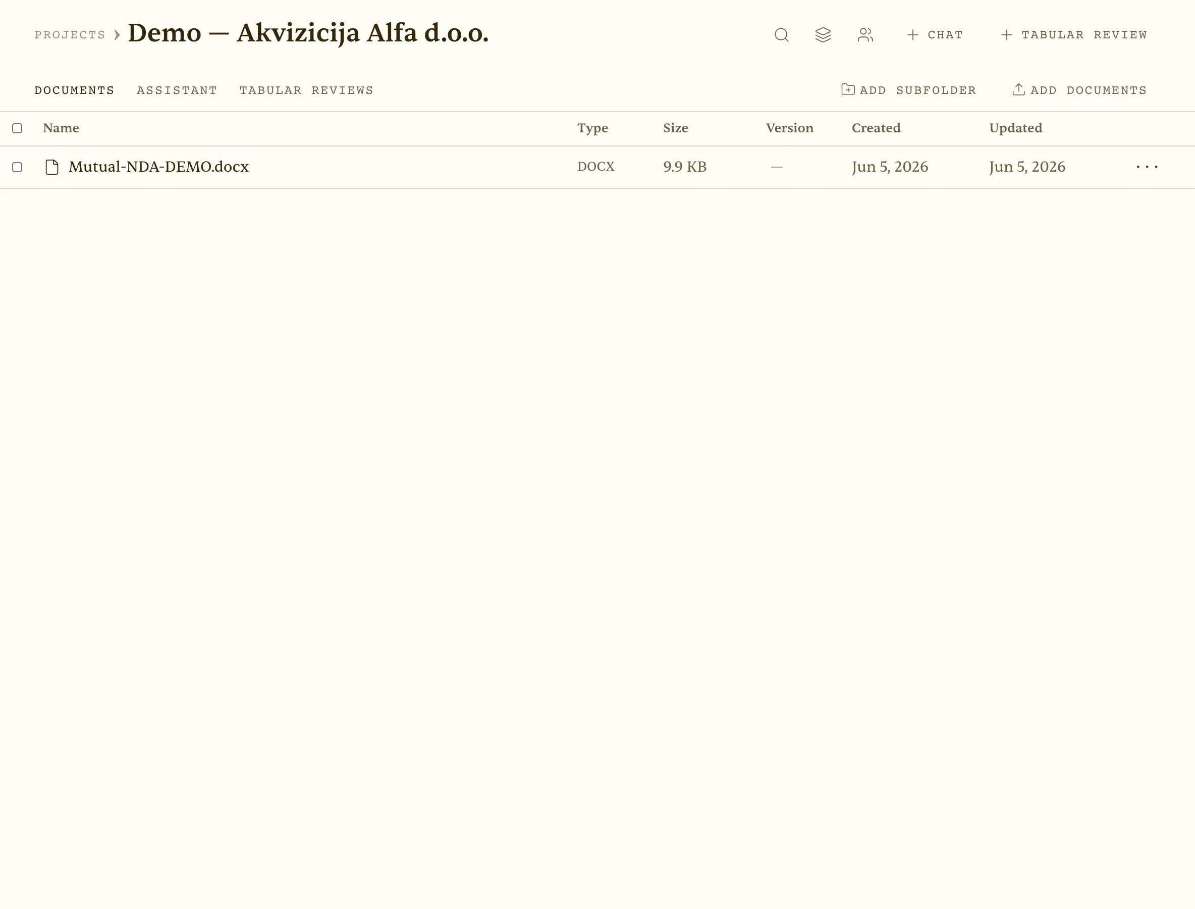Inside a matter — documents, project assistant and tabular reviews in one workspace