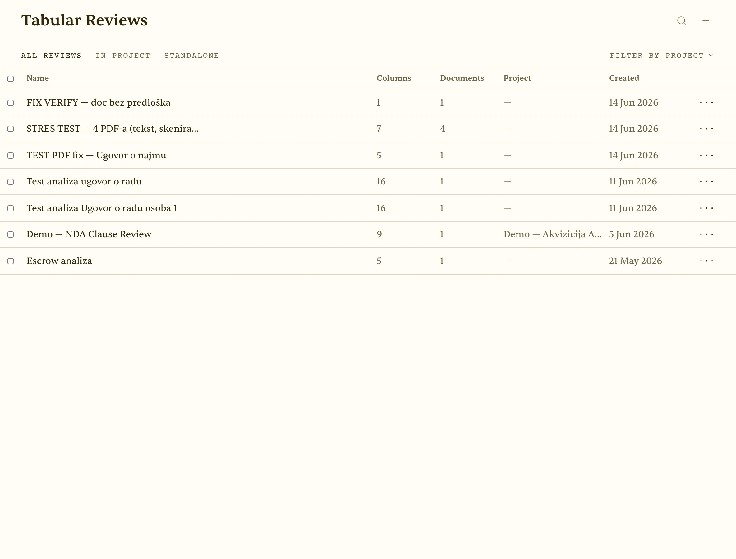 Tabular reviews list — columns, documents and project per review
