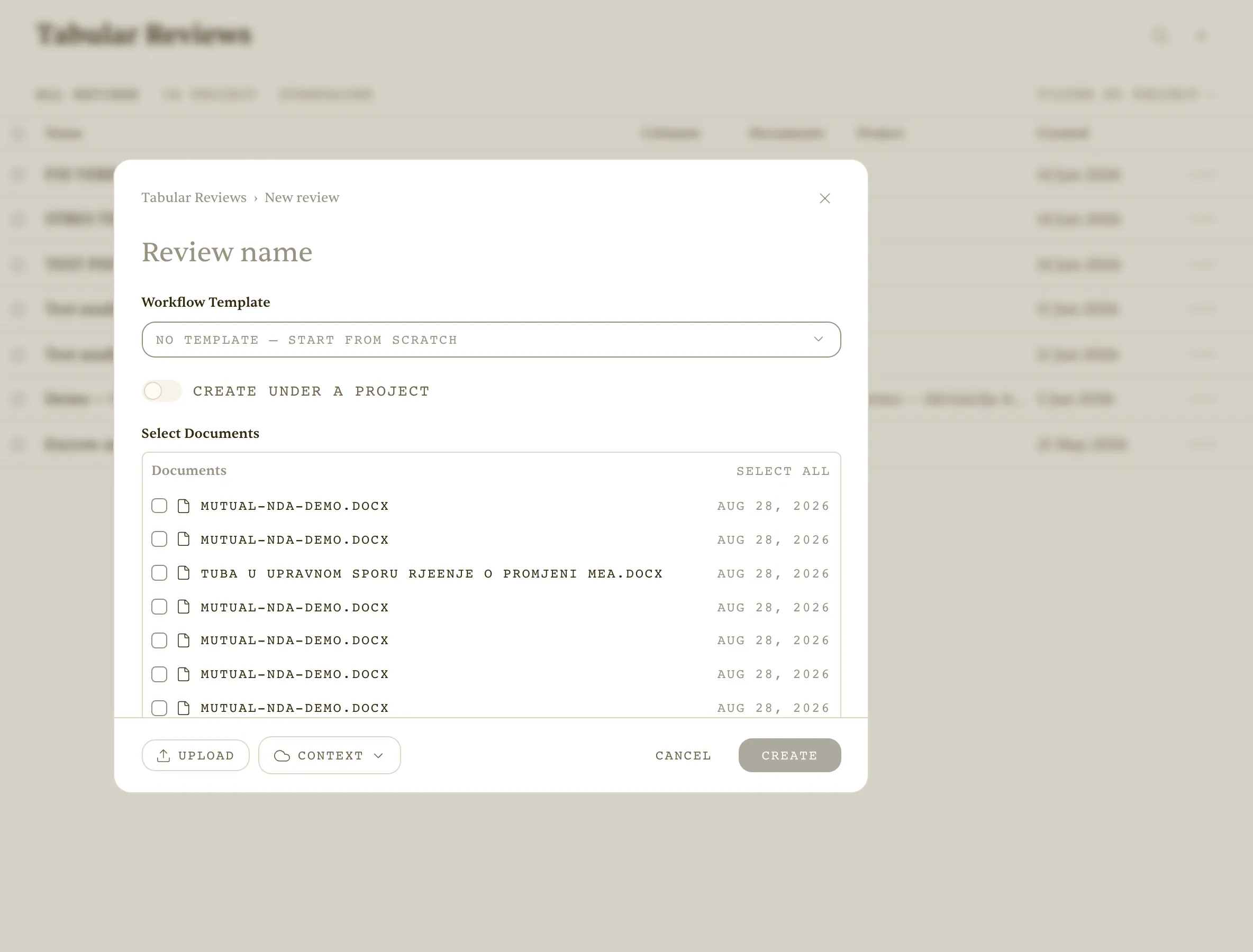 New tabular review — pick a template, add documents, define question columns