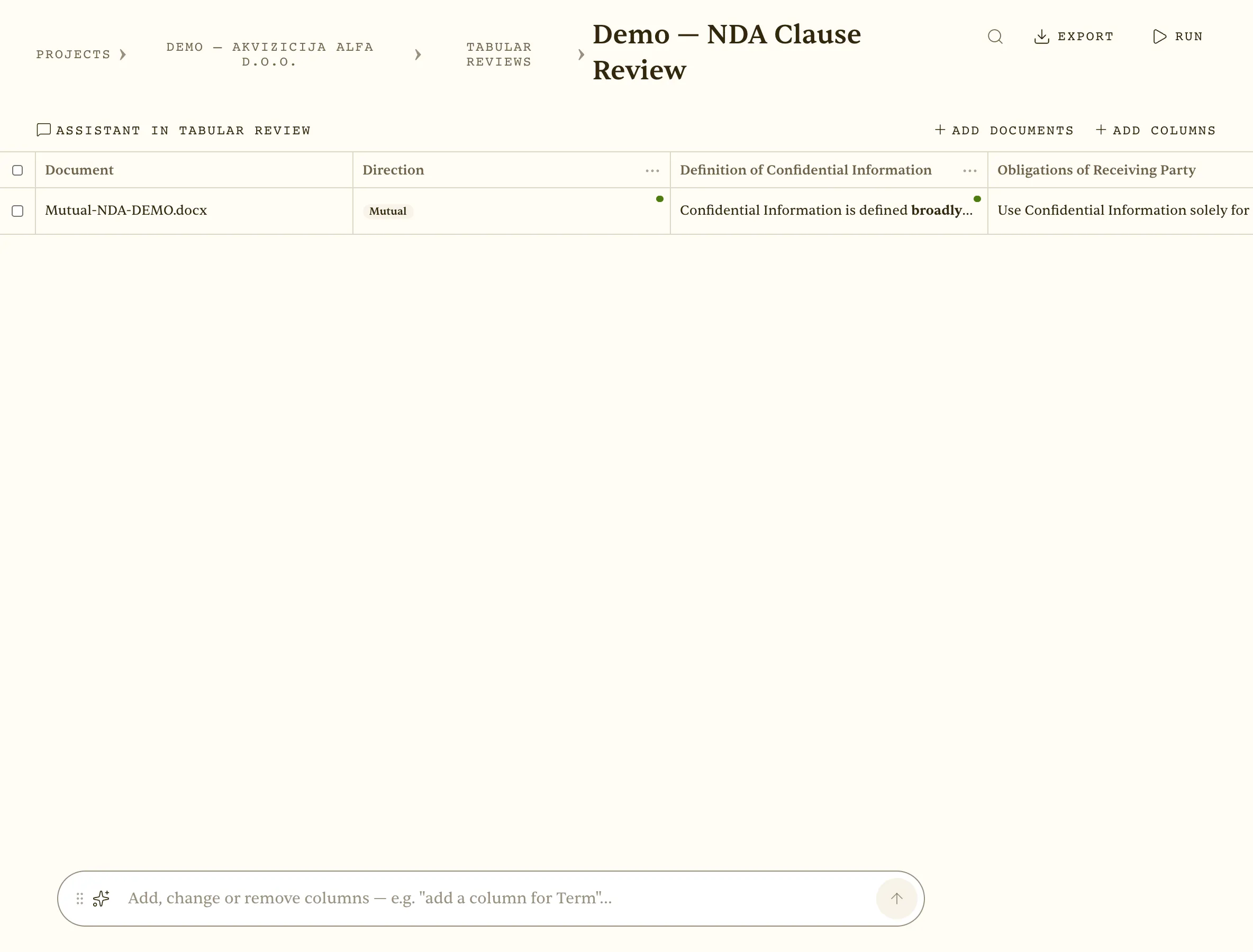 A completed tabular review — one row per document, one column per question, every cell cited