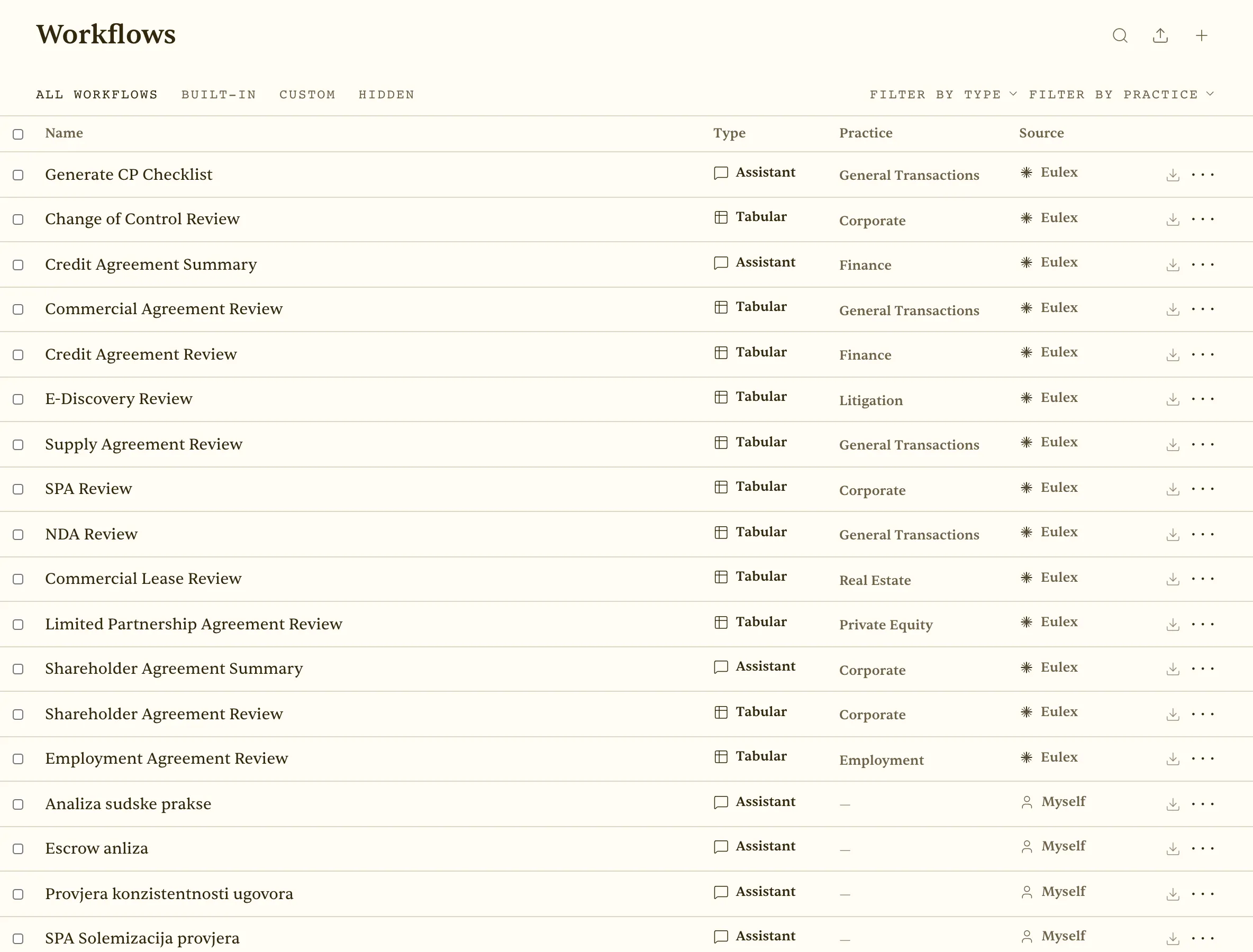 Workflows — built-in and custom templates by type and practice area