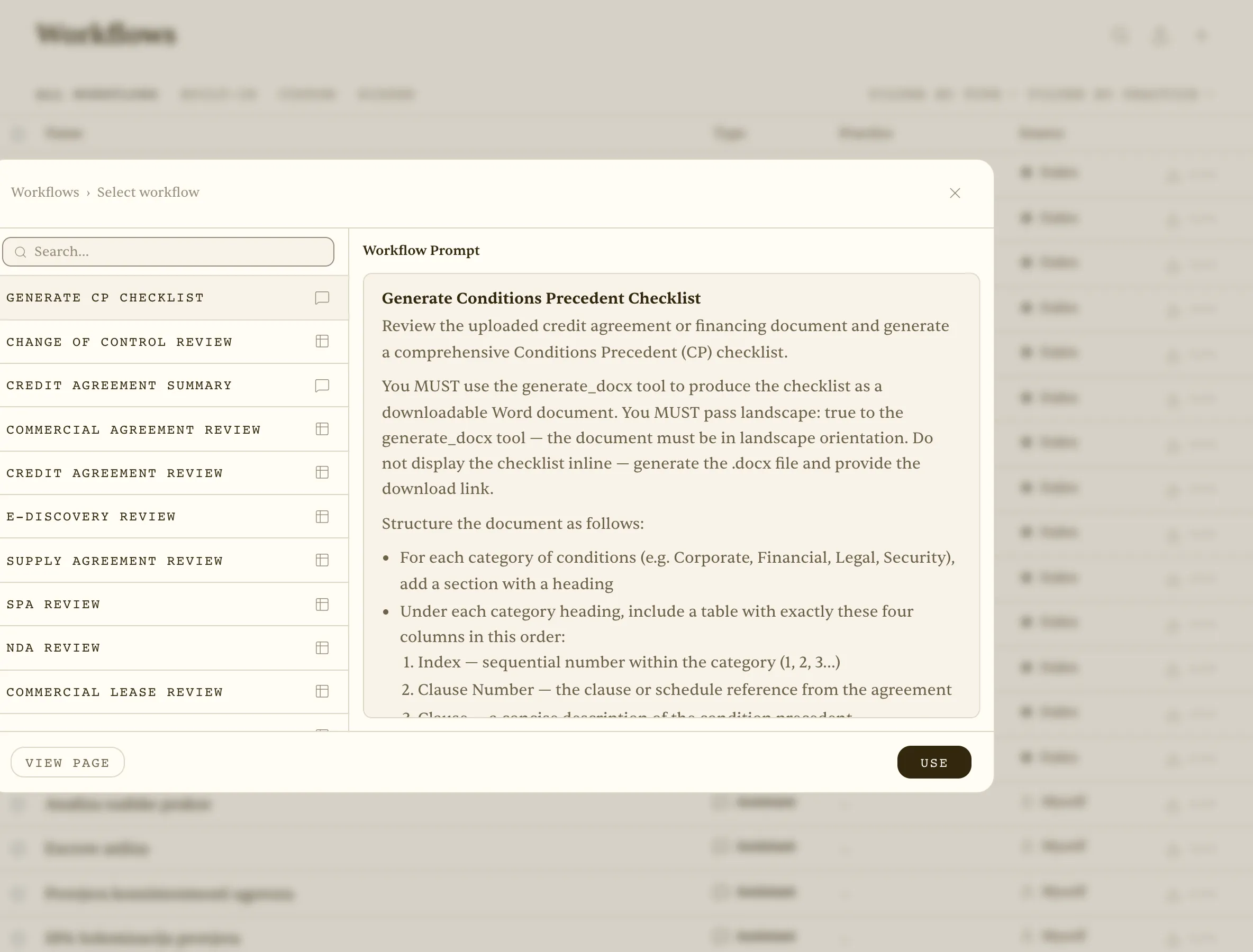 The ‘Generate CP Checklist’ workflow — prompt template applied to an attached credit agreement