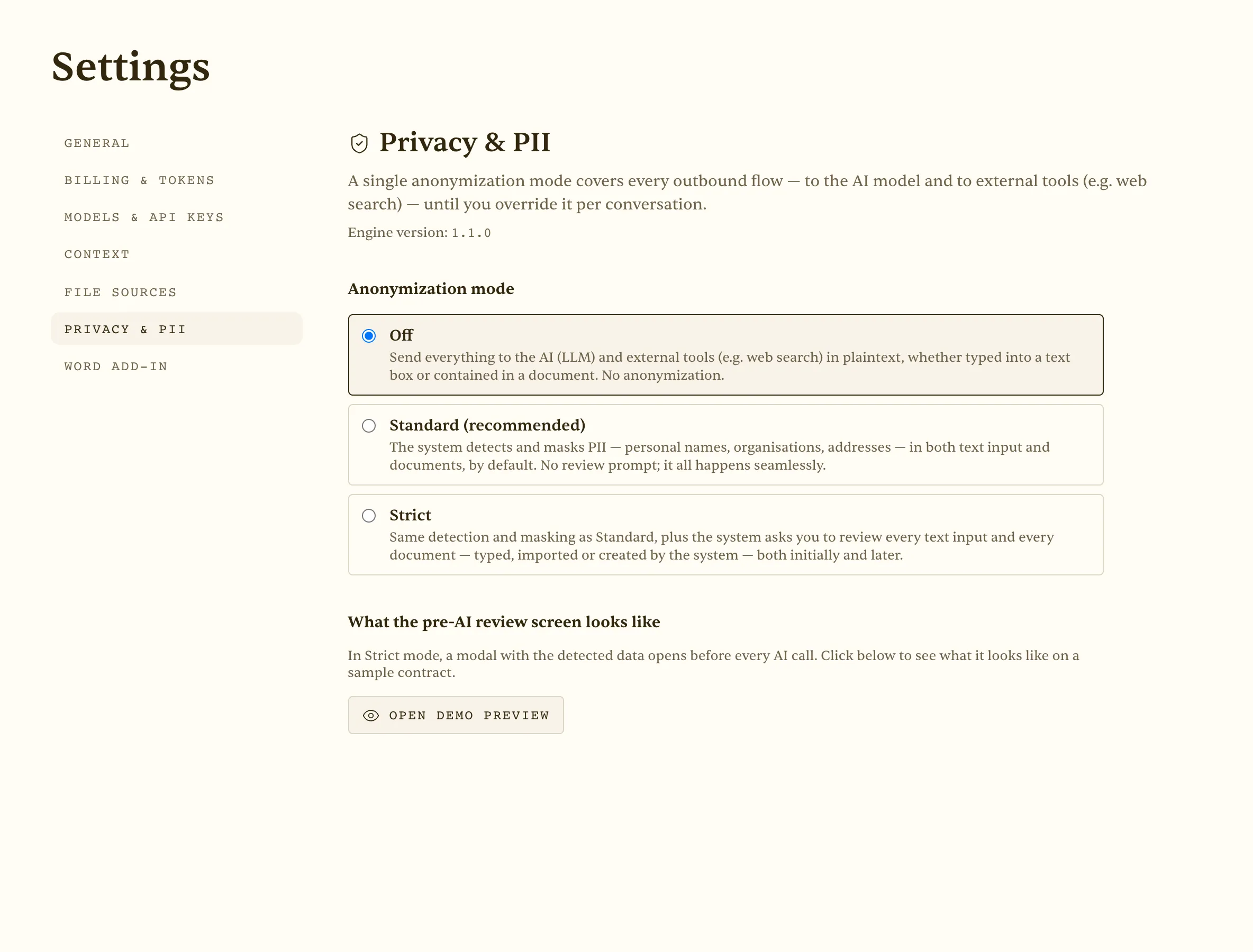 Account → Privacy & PII shield — Off / Standard / Strict modes