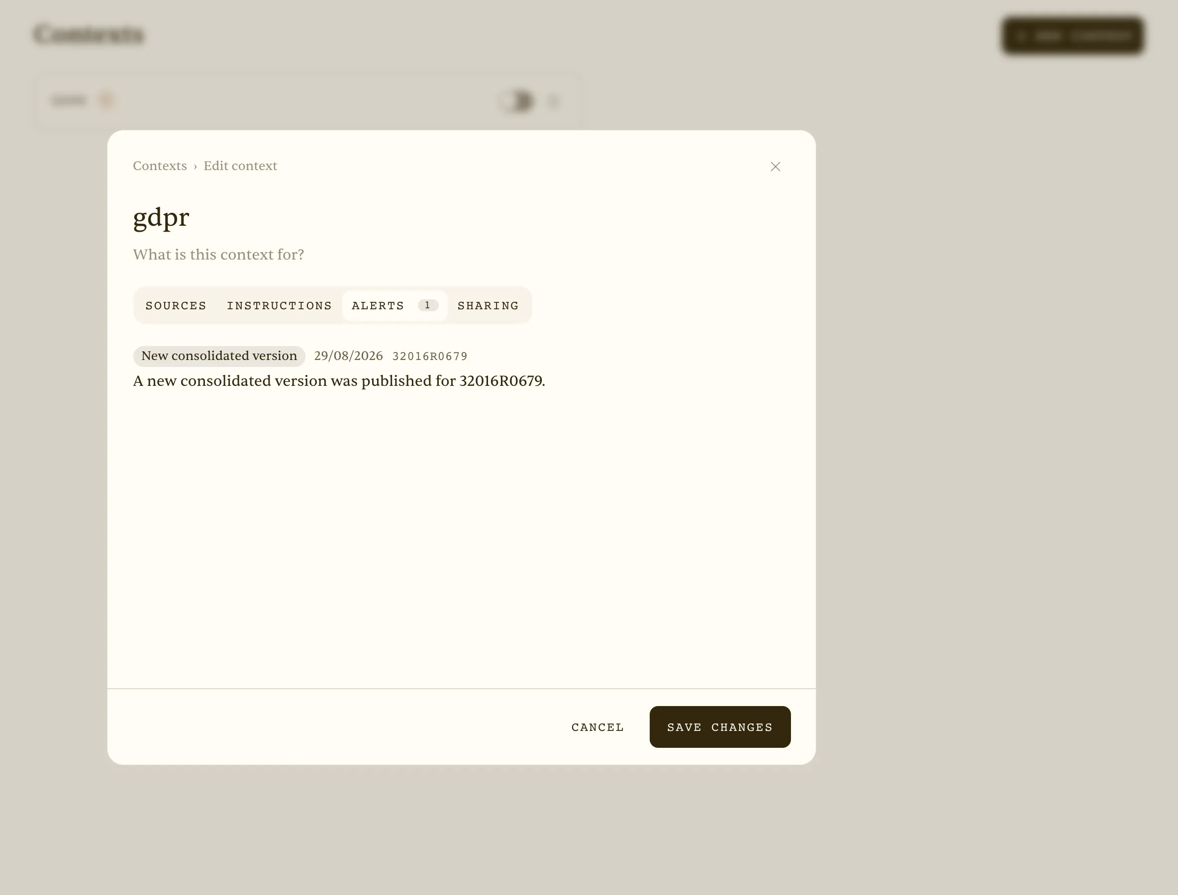 Context editor → Alerts tab — a new consolidated version of 32016R0679 (GDPR) was detected